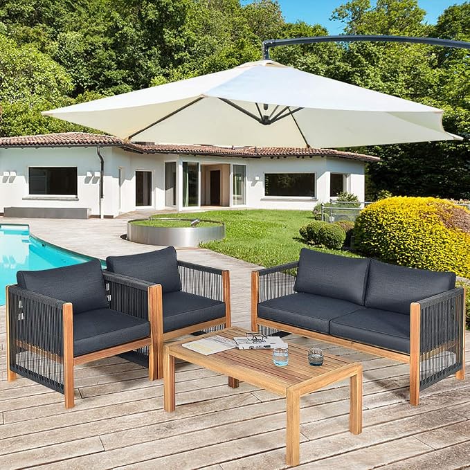 Tangkula Outdoor Wood Furniture Set, Acacia Frame Loveseat Sofa, 2 Single Chairs and Coffee Table, 4 Pieces Conversation Set with Cushions, Garden Balcony Poolside Living (1, Grey)