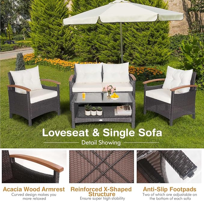 Tangkula 4 Piece Patio Rattan Conversation Set, Outdoor Wicker Sofa Set W/2-Layer Coffee Table, Backrest & Seat Cushions, Acacia Wood Curved Armrests, Suitable for Poolside, Backyard, Deck (1, White)