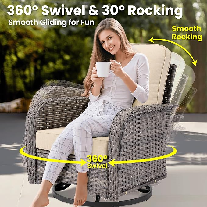 ovios 8 Pieces Patio Furniture Set, Outdoor Wicker Sofa Couch with Swivel Glider Chairs Solar Lights Table, Modern Deep Seat Rattan Conversation Sets for Deck Porch, Beige
