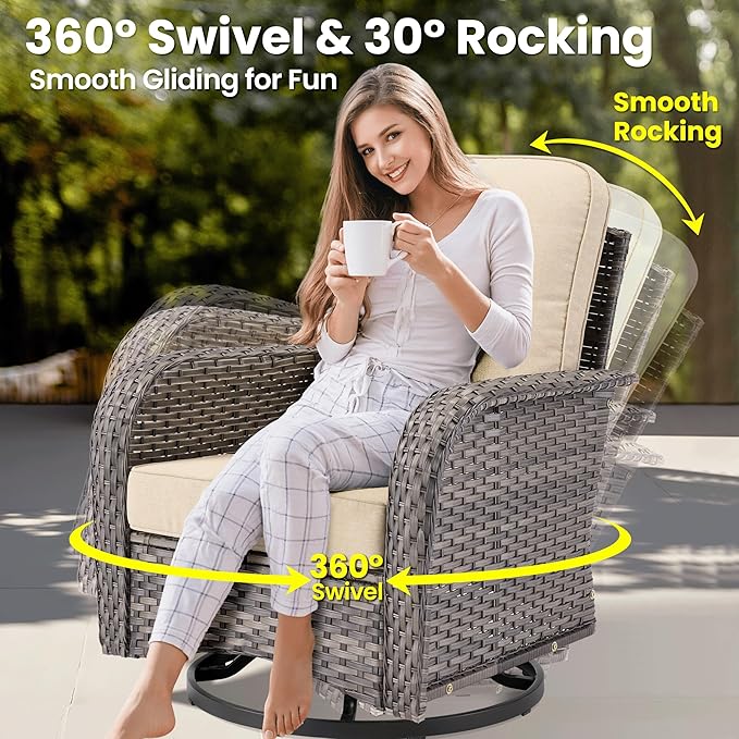 ovios 5 Pieces Patio Furniture Set, Outdoor Wicker Sofa Couch with Swivel Glider Chairs Solar Lights Table, Modern Deep Seat Rattan Conversation Sets for Deck Porch, Beige