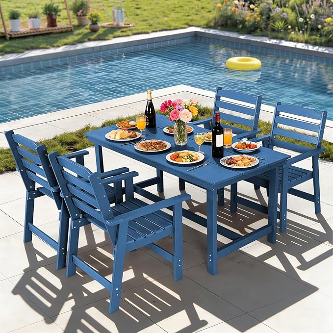 FUNBERRY Outdoor Dining Set, HDPE 5 Piece Dining Table Set with Chairs | 2" Umbrella Hole Table, Wood-Grain, HDPE All Weather, No Rot or Rust or Crack, UV Fade Shield, Easy-Clean for Outside