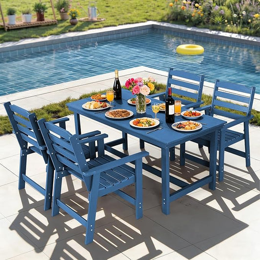 FUNBERRY Outdoor Dining Set, HDPE 5 Piece Dining Table Set with Chairs | 2" Umbrella Hole Table, Wood-Grain, HDPE All Weather, No Rot or Rust or Crack, UV Fade Shield, Easy-Clean for Outside