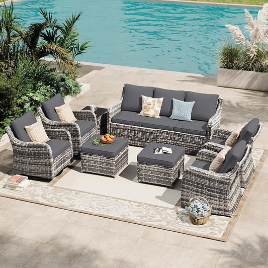 MEISSALIVVE 8 Pieces Patio Furniture Set with Swivel Chair, Wicker Patio Sofa, Rattan Conversation Set with Three-seat Sofa, 2 Fixed Single Chair for Lawn Backyard (Grey)