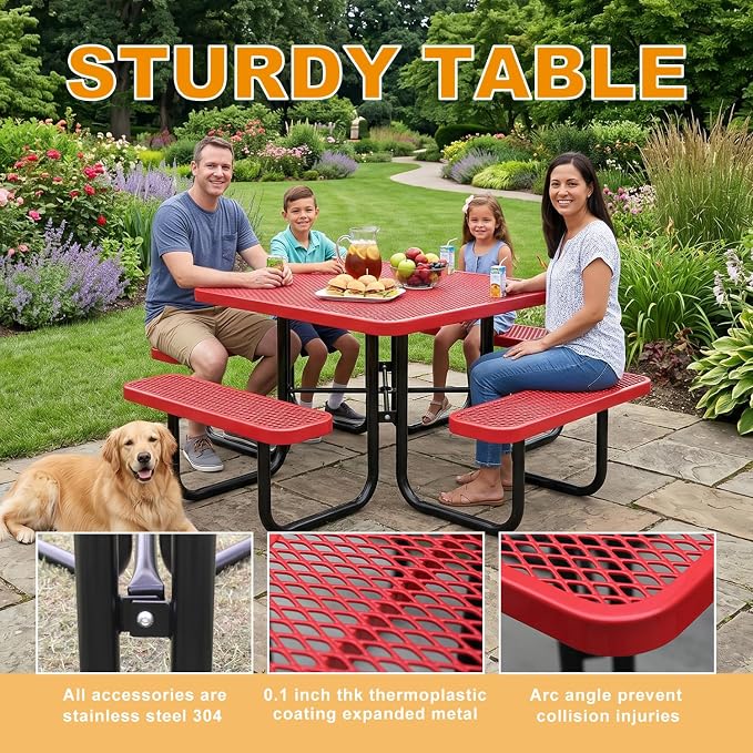 46-Inch Square Metal Outdoor Picnic Table – Commercial Heavy-Duty Steel Dining Table with Thermoplastic Coating, Weather & Rust Resistant, Ideal for Patio, Outside, Garden, Schools (red)
