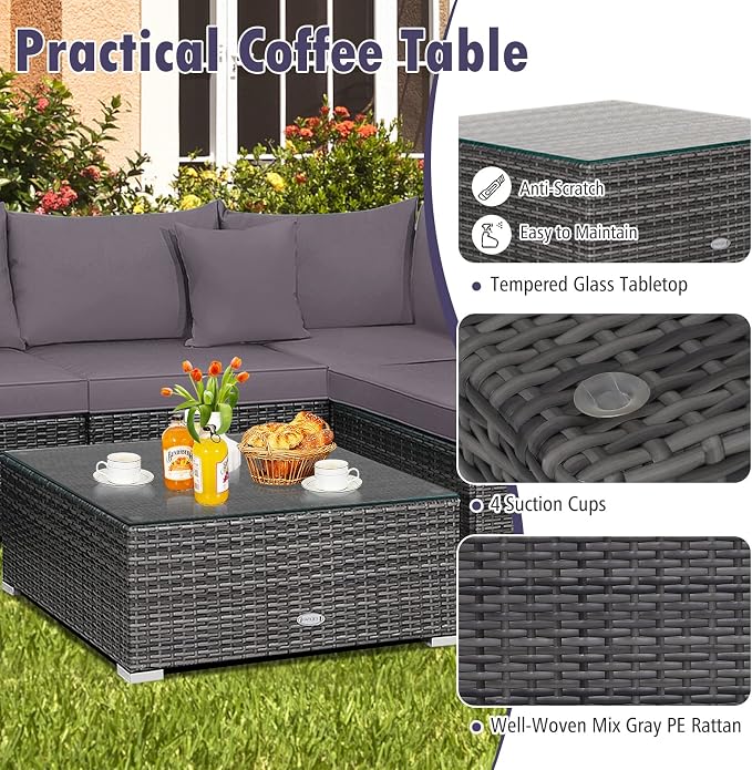 DORTALA 7 Pieces PE Rattan Patio Furniture Set, All-Weather Wicker Conversation Set W/Soft Cushions & Pillows, Coffee Table, Outdoor Sectional Sofa Set for Balcony, Poolside, Backyard, Grey