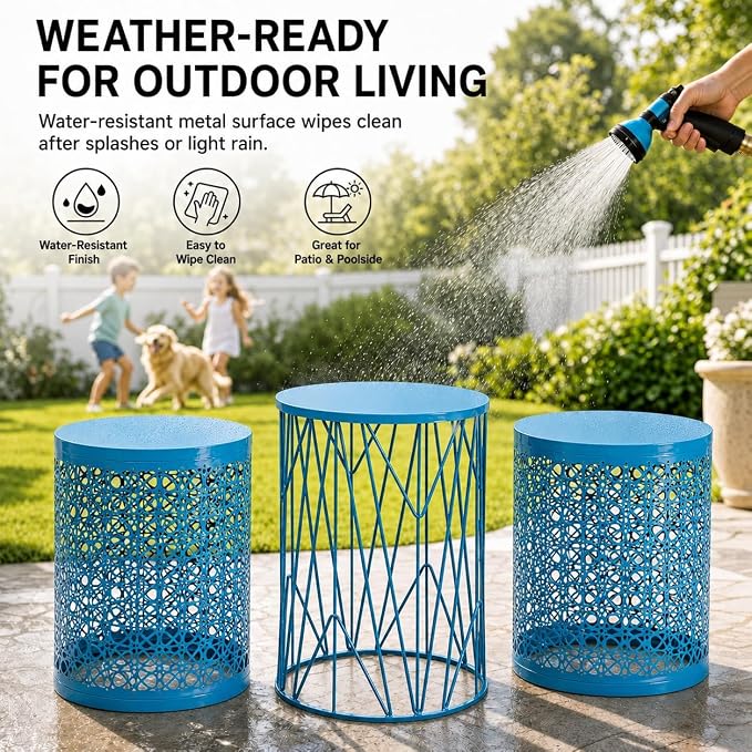 Y&M Outdoor Side Tables, Set of 3 Metal Stacking Patio Side Tables for Outside, Round Indoor End Tables, Coffee Accent Poolside Tables for Patio Garden Balcony, Blue