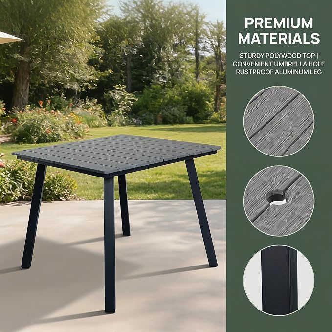 35" Square Patio Dining Table, with Umbrella Hole, Heavy-Duty Iron Frame and WPC Top, All-Weather Outdoor Patio Table for Backyard, Garden and Outdoor Dining