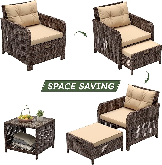 LHBcraft Balcony Furniture 5 Piece Wicker Patio Furniture Set, Outdoor Hand-Woven Rattan Lounge Chairs with Tempered Glass Coffee Table, Ottomans & Soft Cushions for Front Porch, Garden, Brown