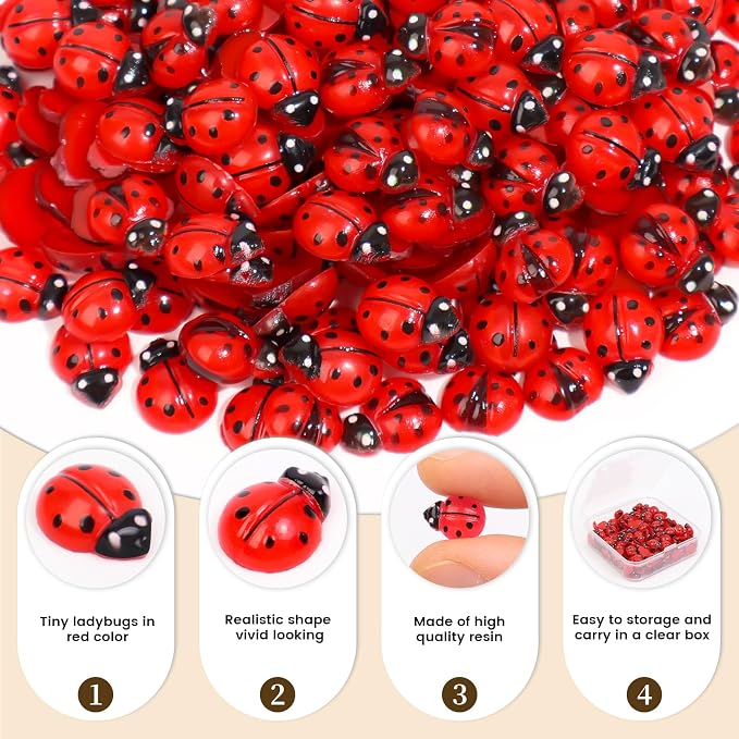 200pcs Mini Resin Ladybug Decor Tiny Ladybug for Crafts Dollhouse Miniatures Mini Resin Things Animals for Fairy Garden Micro Landscaping Home Decoration, 2 Types(0.32*0.4inch & 0.3*0.36inch)