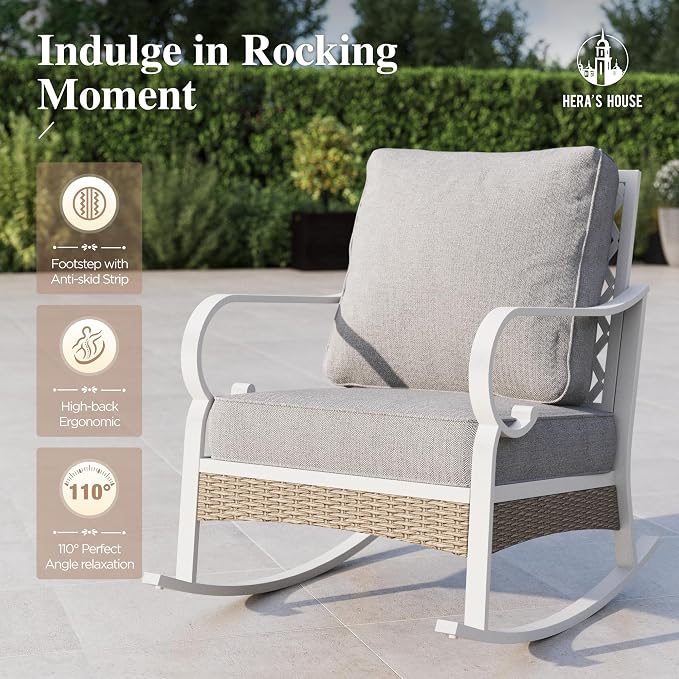 HERA'S HOUSE 4-Piece Patio Furniture Set with Metal & Rattan Design, 2 Rocking Chairs, 2-Seat Lover Sofa & Marble Coffee Table, All-Weather Outdoor Conversation Set for Garden Backyard, Grey