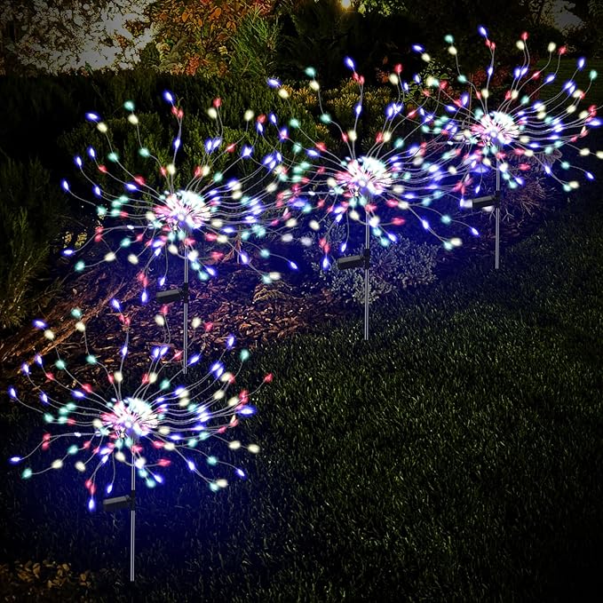 PXBNIUYA 2 Pack 175 LED Solar Firework Lights Outdoor, 4th of July 2 Modes Solar Garden Light Waterproof Twinkling Light, Starburst Lights for Landscape Path Halloween Christmas Decor （Colorful）
