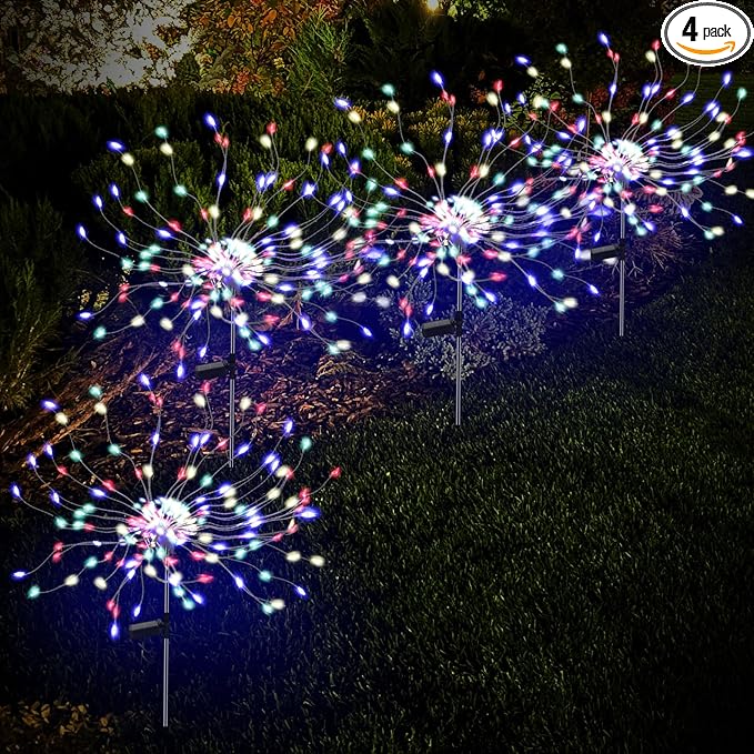 PXBNIUYA 4 Pack 175 LED Solar Garden Light for Yard,Firework Lights Outdoor Waterproof with 2 Modes Twinkling Light, Sparkly Starburst Lights for Wedding Walkway Halloween Christmas Decor(Colorful)
