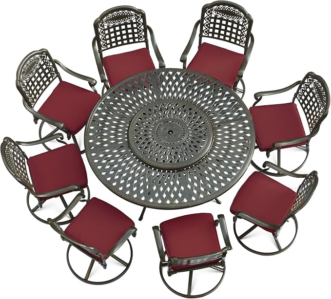 VIVIJASON 9-Piece Outdoor Furniture Dining Set, Rust-Free Cast Aluminum Patio Conversation Set, Include 8 Swivel Dining Chairs & 61" Round Dining Table with 31" Lazy Susan, Umbrella Hole, Red