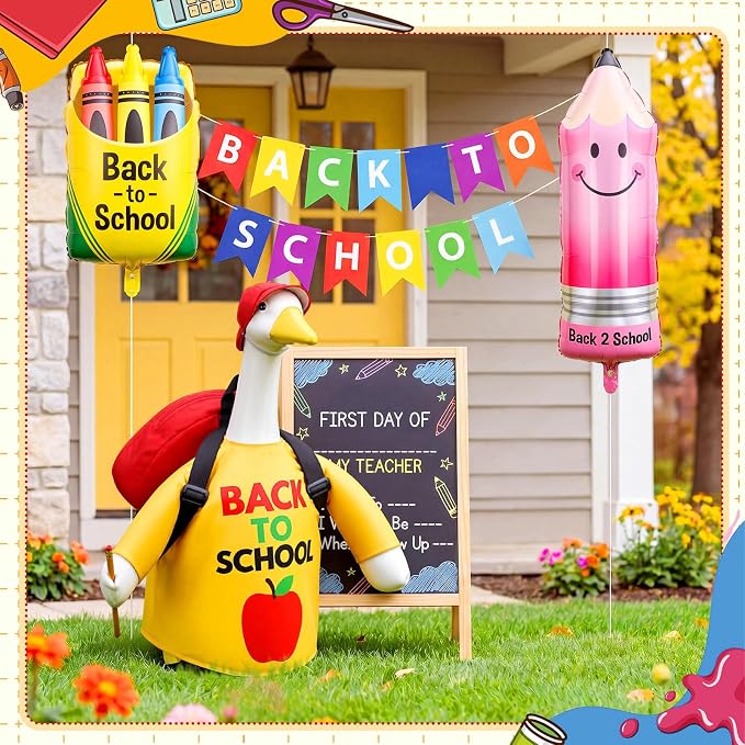 Back to School Porch Goose Outfit Bright Print Goose Costume with Red Cap & Backpack for 23" Gooses Statue First Day of School Decoration Patio Yard Garden Lawn Outdoor Decors