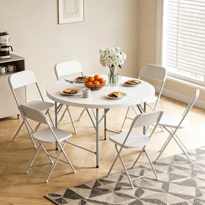 Athena Collection 4.5ft Folding Table, Indoor Outdoor Foldable Round Card Table Portable Plastic Craft Table with Lock & Handle, Collapsible Dining Table Desk for Commercial Party Camping, White