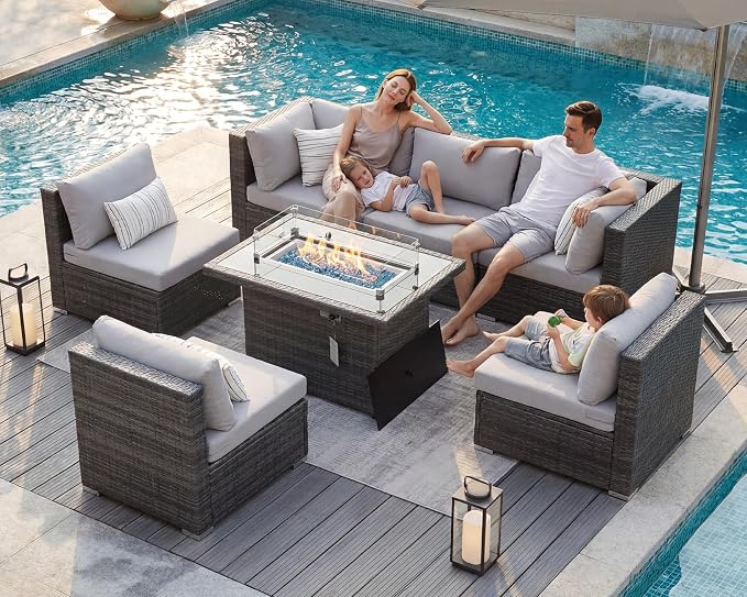 BULEXYARD 7 Piece High Back Outdoor Furniture Set with Fire Pit, Durable All Weather Wicker Patio Couch Sofa Set, Large Size Modular 6-Seater Sectional Backyard Seating Wide Deep for Lawn, Light Grey
