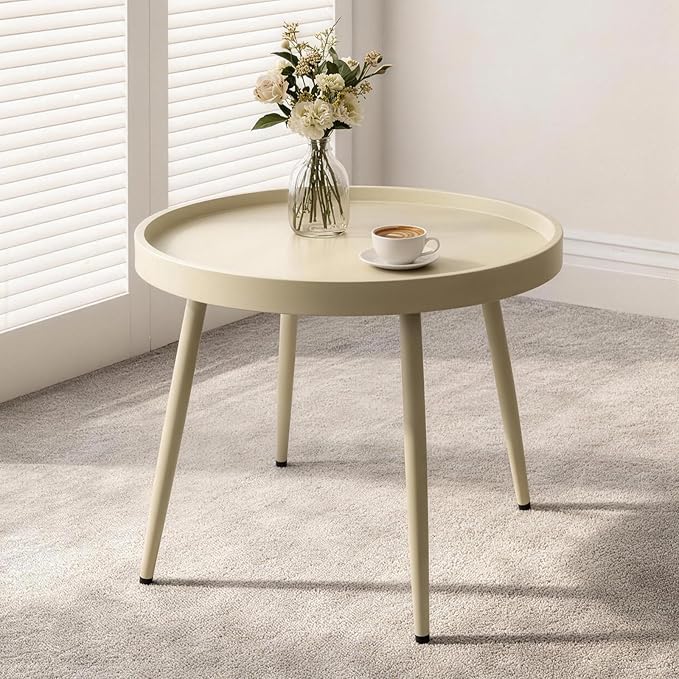 Small Outdoor Side Table - Round Metal End Table with PP Desktop & Anti-Fall Fence - Mini Coffee Table for Small Spaces - Patio, Porch, Living Room- Camel