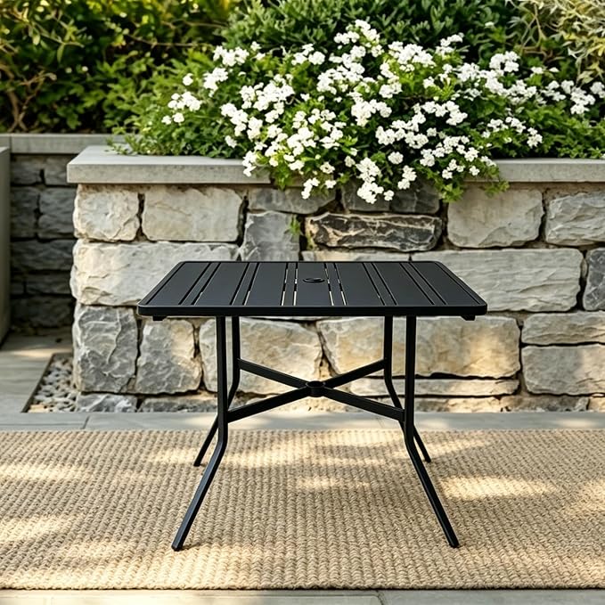5 Piece Patio Dining Set, Stackable Black Outdoor Rattan Chairs with Metal Table, All-Weather Black & Brown Wicker Patio Furniture Set for Backyard, Poolside, Garden, Bistro