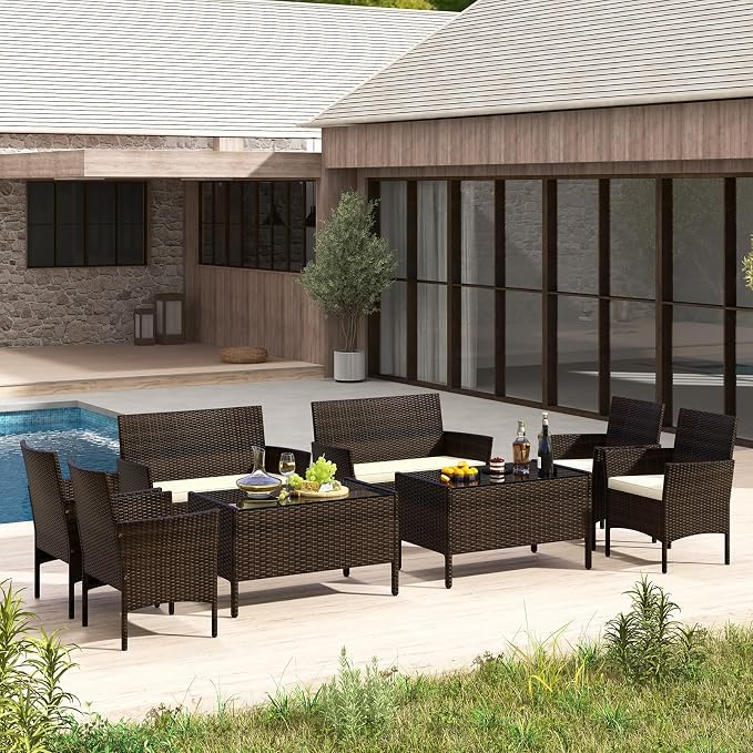 4 Piece Patio Furniture Set, Sectional Conversation Sofa Set with Glass Coffee Table, Cushions & Loveseat, Wicker Outdoor Table and Chairs for Pool, Garden, Deck, Backyard (2, Beige)