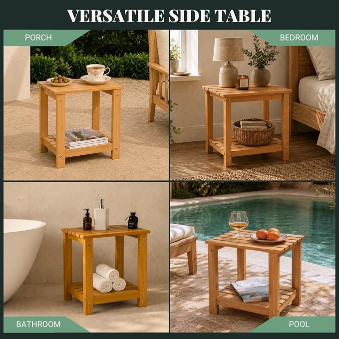 Premium 2-Tier Eucalyptus Wood Side Table with Slatted Storage Shelf, 13" x 16" x 17.5", Wooden Accent Table for Living Room, Entryway or Bedside (Golden)
