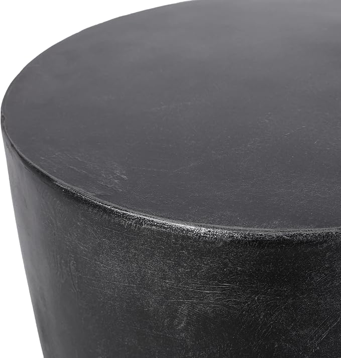 Outdoor Side Table Patio Concrete Side Table Round Drum End Table Faux Stone Side Tables Travertine Small Coffee Tables, Garden Stool Plant Stand for Backyard, 15.5" *15.75" Cylindrical, Black