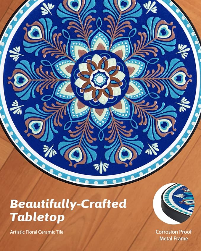 VONLUCE Outdoor Side Table and Mosaic Plant Stand, 21" Round End Table with 14" Ceramic Tile Top for Patio Porch Decor, Indoor & Outdoor Accent Table, Small Coffee Table for Home and Garden, Peacock