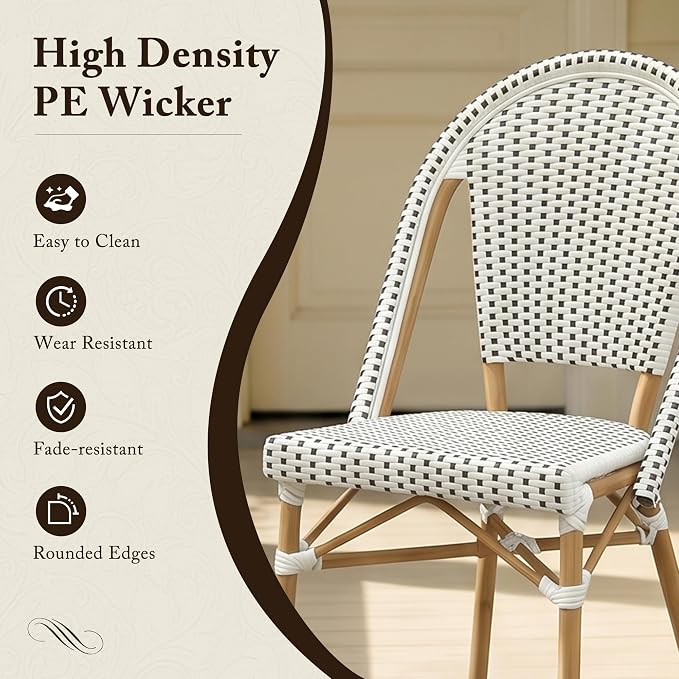 PURPLE LEAF 3-Piece French Bistro Dining Set Square Outdoor Patio Table and 2 Armless Chairs Tempered Glass Top PE Rattan Champagne Print Finish Aluminum Frame White