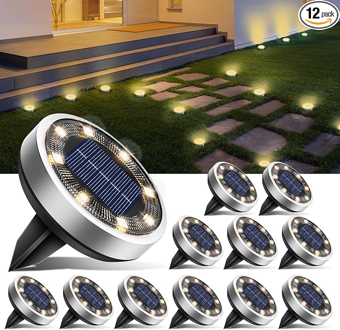 btfarm 12 Pack Solar Lights Outdoor, 8 LED Solar Ground Lights IP65 Waterproof Flat Solar Disc Light, Pathway Lights for Garden Lawn Patio Yard Path Landscape, Warm White