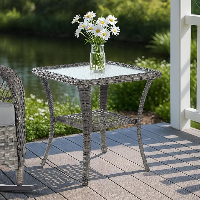 MEETWARM Wicker Outdoor Side Table, All-Weather Patio Rattan Side Table with Tempered Glass Top and Storage Shelf, Small Patio End Table for Outside Indoor Outdoor Balcony Porch Deck, Gray
