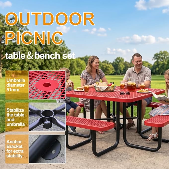 46-Inch Square Metal Outdoor Picnic Table – Commercial Heavy-Duty Steel Dining Table with Thermoplastic Coating, Weather & Rust Resistant, Ideal for Patio, Outside, Garden, Schools (red)