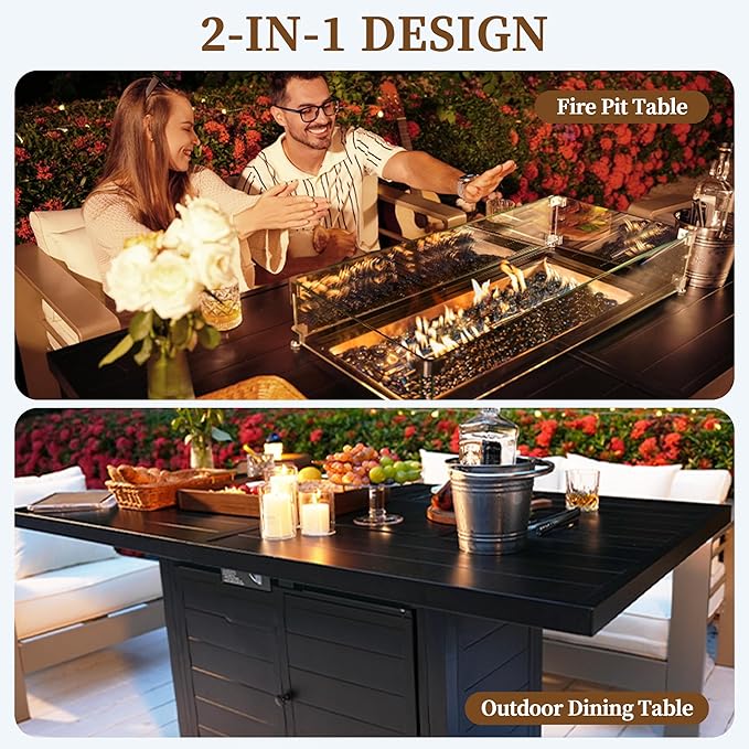 PIZZELLO 7 Piece Patio Furniture Set with 60" Propane Firepit Table, 4Pcs Outdoor Swivel Rocker Chairs with 2 Side Tables and Aluminum Gas Fire Table