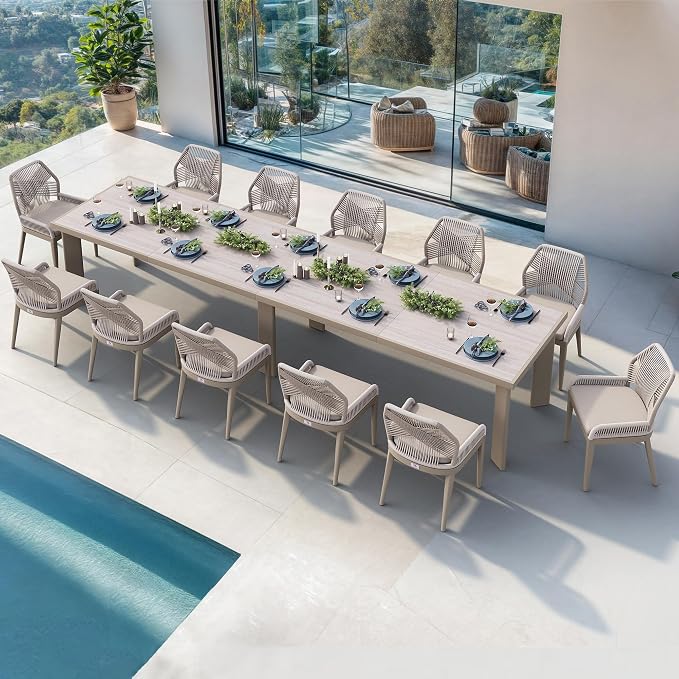 PURPLE LEAF 13 Pieces Patio Dining Set Aluminum Rectangular Table and Wicker Chairs with Cushions for Kitchen Porch Garden Modern Outdoor Furniture Sets, Champagne