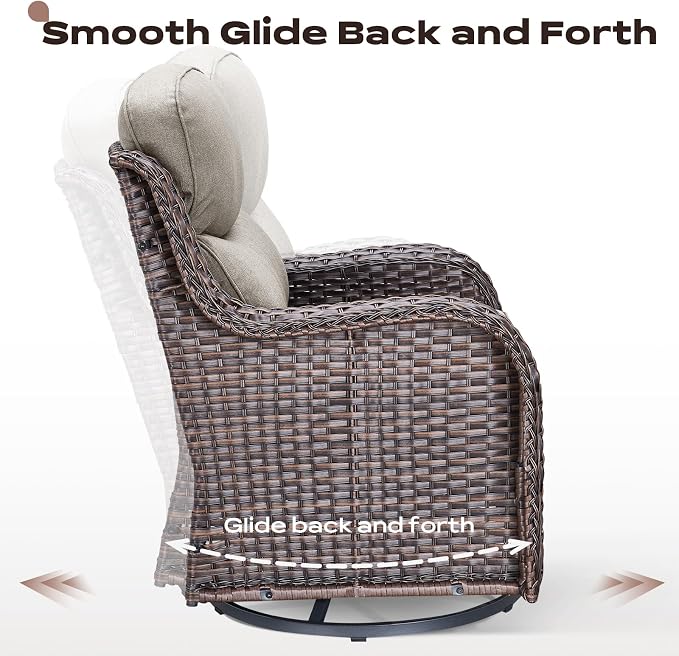 Rilyson Wicker Outdoor Patio Furniture Set - 7 Piece Patio Conversation Sets with Swivel Rocker Chairs, Ottomans and Sofa, 6 inch Cushions, Waterproof Wicker, for Porch Deck Brown/Beige