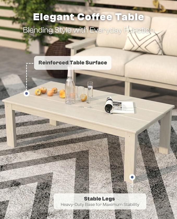 7 Piece Patio Furniture Set, HDPE Outdoor Sectional with Beige Washable Thick Cushions, Coffee Table & Side Table, Patio Conversation Sets for Lawn, Garden, Porch, Balcony (White Frame)