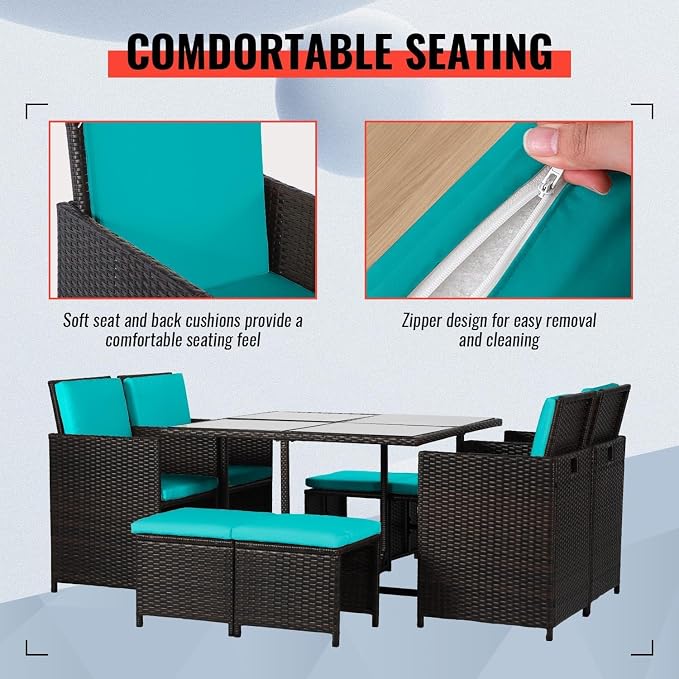 9 Pieces Outdoor Dining Set Patio Table and Chairs Set Space Saving Outdoor Dining Table Set Rattan Patio Furniture Set with Dining Table 4 Chairs 4 Ottomans Cushion for Patio Backyard Poolside, Blue