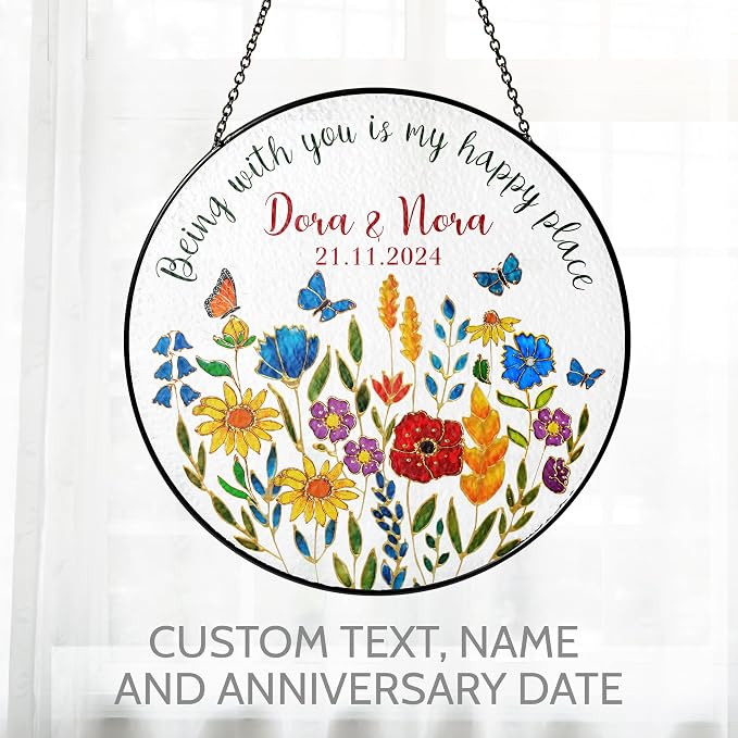 Personalized Flower Stained Glass Window Hanging Suncatcher - Romantic Valentine Gift for Couple - Custom Name and Date (Vintage Flower)