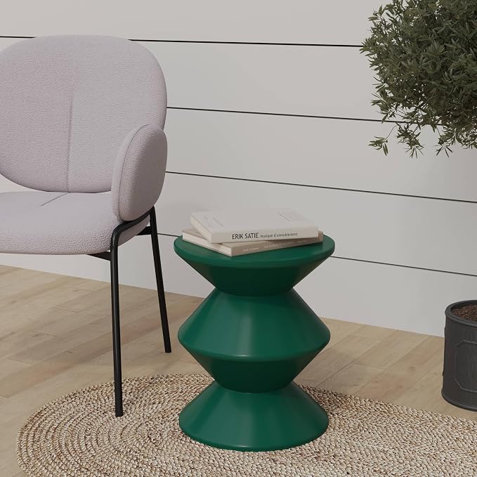 LeisureMod Aura Collection Modern Round Side Table - Green ABS Plastic Double-Hourglass Pedestal - No Assembly Weatherproof Accent Furniture for Living Room, Patio & Outdoor Decor