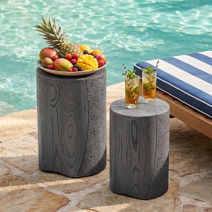 HOMPUS Outdoor Side Table Set of 2, Concrete Nesting Table Round w Spotted & Faux Wooden Modern MgO End Table, Lightweight Functional Patio Accent Table for Garden, Deck, Poolside, Grey