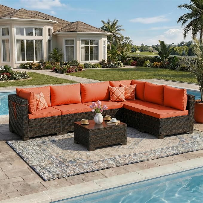 LAFWLL 7 Pieces Outdoor Patio Furniture Sets,Rattan Conversation Sectional Set,Manual Weaving Wicker Patio Sofa with Tea Table