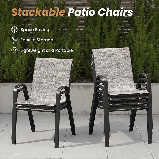 Soohow Patio Dining Set for 6, 7-piece Outdoor Dining Set 6 x Stackable Patio Chairs & 1 x Wood-Like Round Table with Umbrella Hole, All-Weather Outdoor Table and Chairs for Backyard, Balcony, Porch