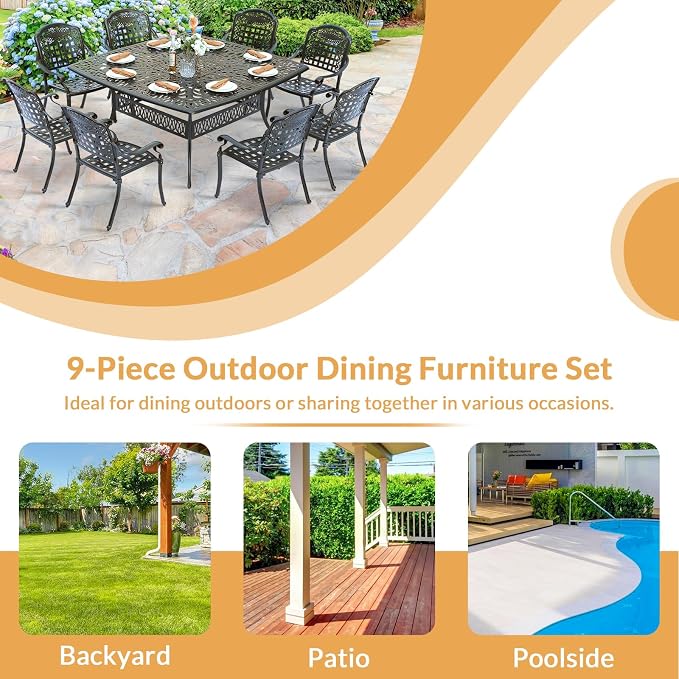 9 Piece Outdoor Patio Dining Set for 8, Cast Aluminium Large Square Dining Table & 8 Stackable Chairs, Umbrella Hole, Patio Furniture Set for Garden Porch Poolside, Dark Bronze