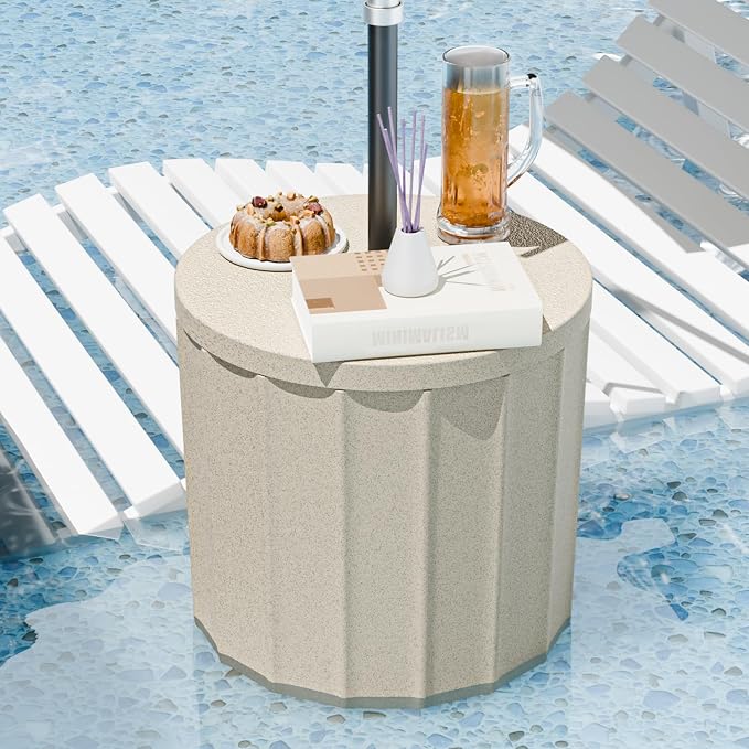 Umbrella Side Table, Outdoor Sturdy 2-in-1 Umbrella Base & Side Table, Wind-Resistant with Leak-Proof Water Bladder, Patio in Pool Umbrella Stand, No Rust Stains, Easy Assembly, Beige
