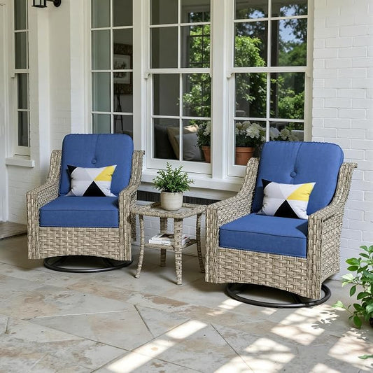 3 Piece Patio Furniture Set, Outdoor High Back Swivel Rocker Chairs Set of 2 with Side Table, All Weather Wicker Glider Chair with Thick Cushions for Backyard Balcony Porch, Navy Blue