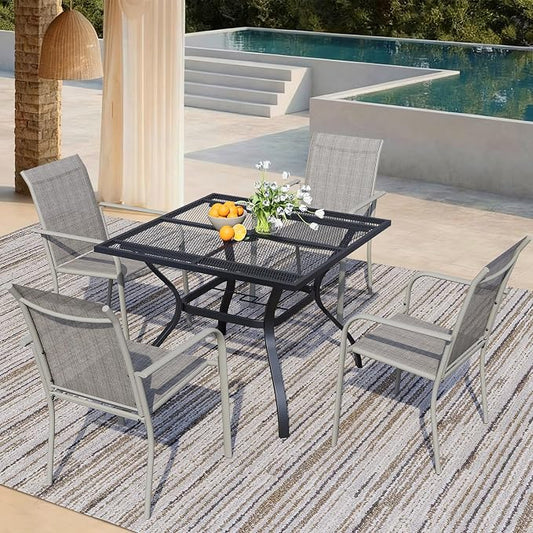 5 Piece Outdoor Dining Set, Patio Table and Chairs Set of 4, 37.5" Black Square Patio Table with 4 Grey Stackable Patio Chairs for Lawn, Garden, Porch