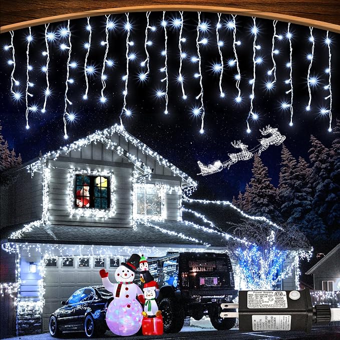 White Christmas Lights Outdoor 99ft 1216LED Icicle Lights Twinkle Xmas | Plug in Clear Wire Timer Waterproof 8 Modes for House Eaves Patio Yard Porch Wall Garden Exterior Holiday Decorations