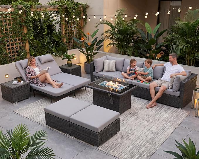 NICESOUL 11 Piece Sectional Outdoor Set with Firepit Loungers, Modern Large Backyard Seating with Fireplace, 29.3'' High-Back Patio Couch Sofa, All-Weather Wicker Furniture Sets for Deck, Light Grey