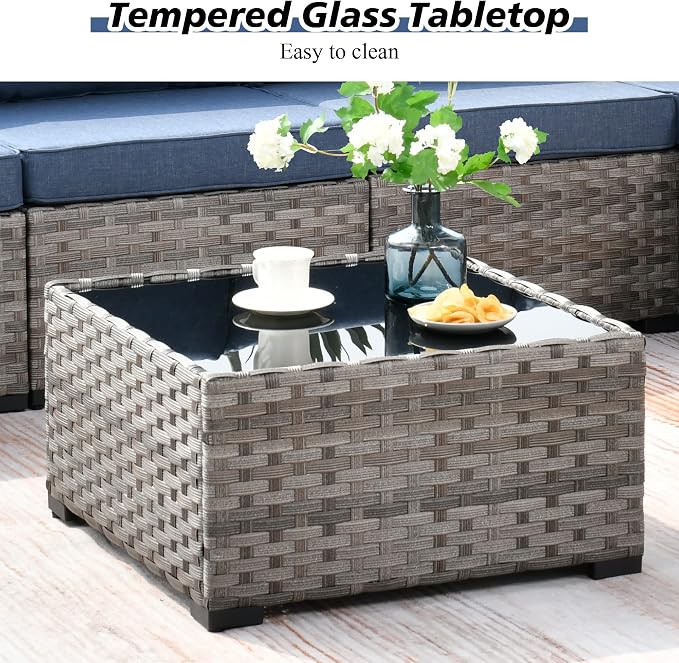 HOOOWOOO Outdoor Patio Sectional Furniture Sofa Set with Widened Armrest,6 Piece Small Modern Wicker Couch,Modular L Shaped Conversation Seating Set with Table for Out Door Garden Corner(Denim Blue)