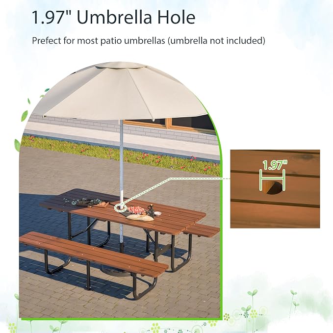 72" Wooden Picnic Table, Picnic Table with Benches, Steel Frame with Umbrella Hole 1.97" for Patio Party Barbecue Party (Brown + Black, 72")