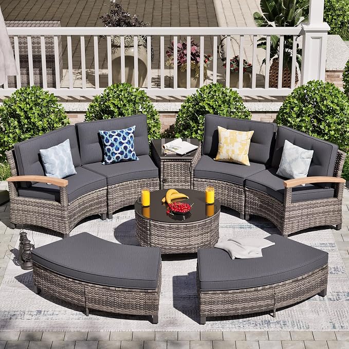 MEISSALIVVE 8 Piece Outdoor Patio Furniture Set, Half-Moon Curved Sectional Set with Wood Armrests, Patio Conversation Set for Porch,Deck,Balcony (Grey)