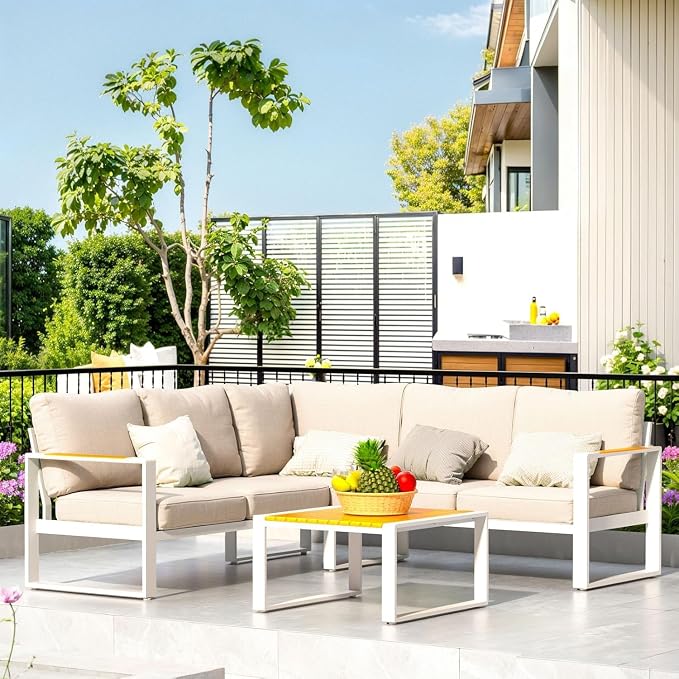 Aluminum Patio Furniture Set, All-Weather Outdoor Couch Sectional, L Shaped Patio Conversation Sets, Metal Corner Sofa with Teak Coffee Table (Cushion: Beige, White Frame)